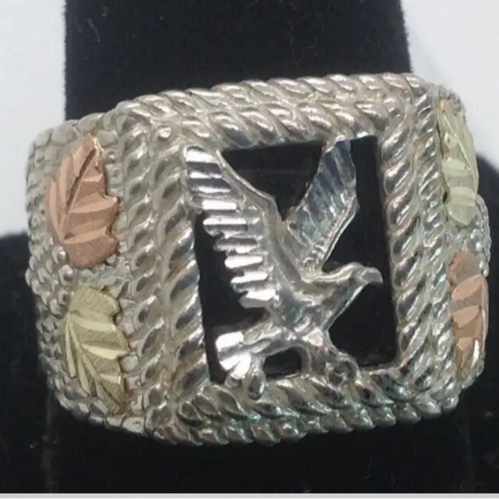 Vintage Coleman Co Black Hills Gold Eagle Onyx 12k/925 size 12.5